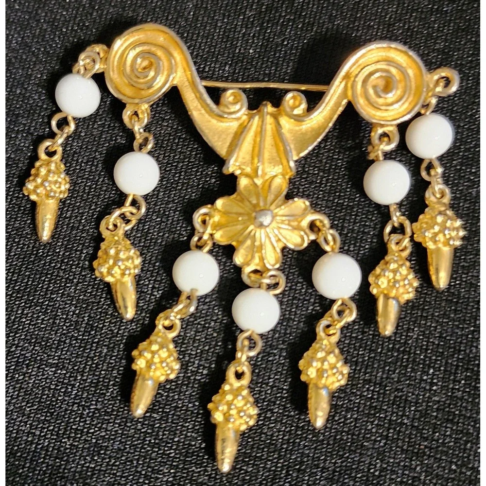 Vintage Etruscan Revival Gold Tone Milk Glass Dangle Brooch Floral Tassel - Picture 2 of 6